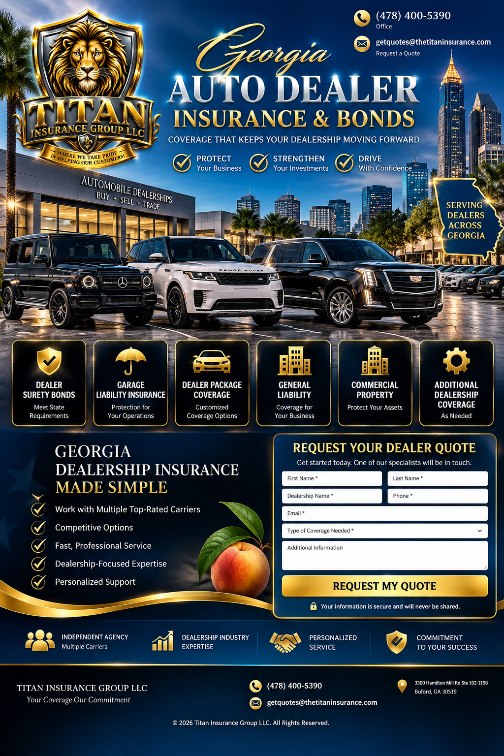 Titan Insurance Group LLC Georgia auto dealer insurance and bonds visual featuring automobile dealerships and Atlanta skyline